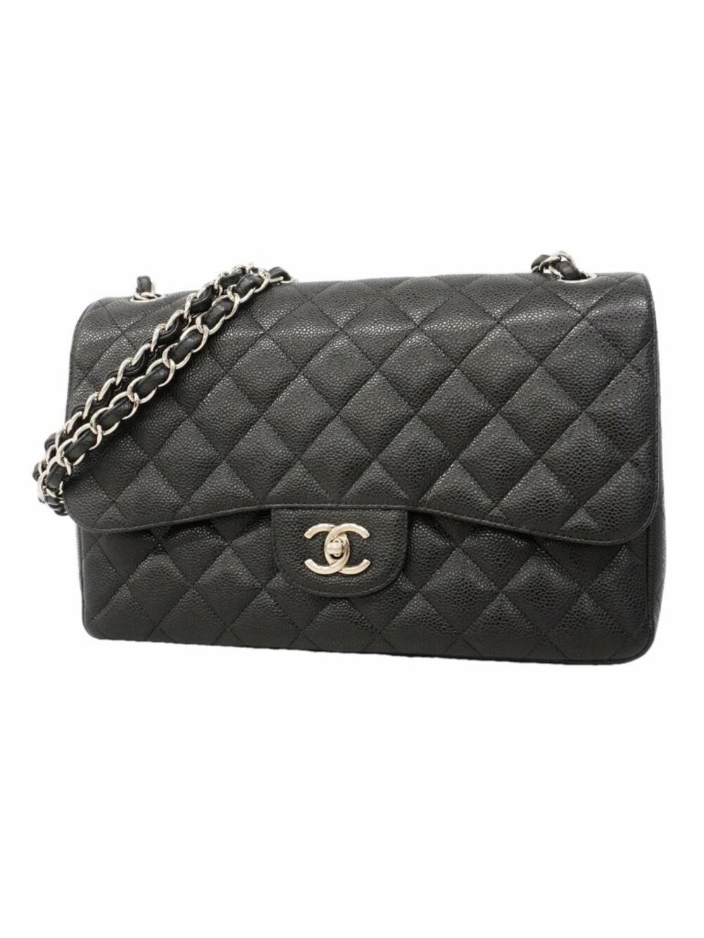 Chanel Shoulder Bag Maxi Quilted Caviar Leather Black Silver